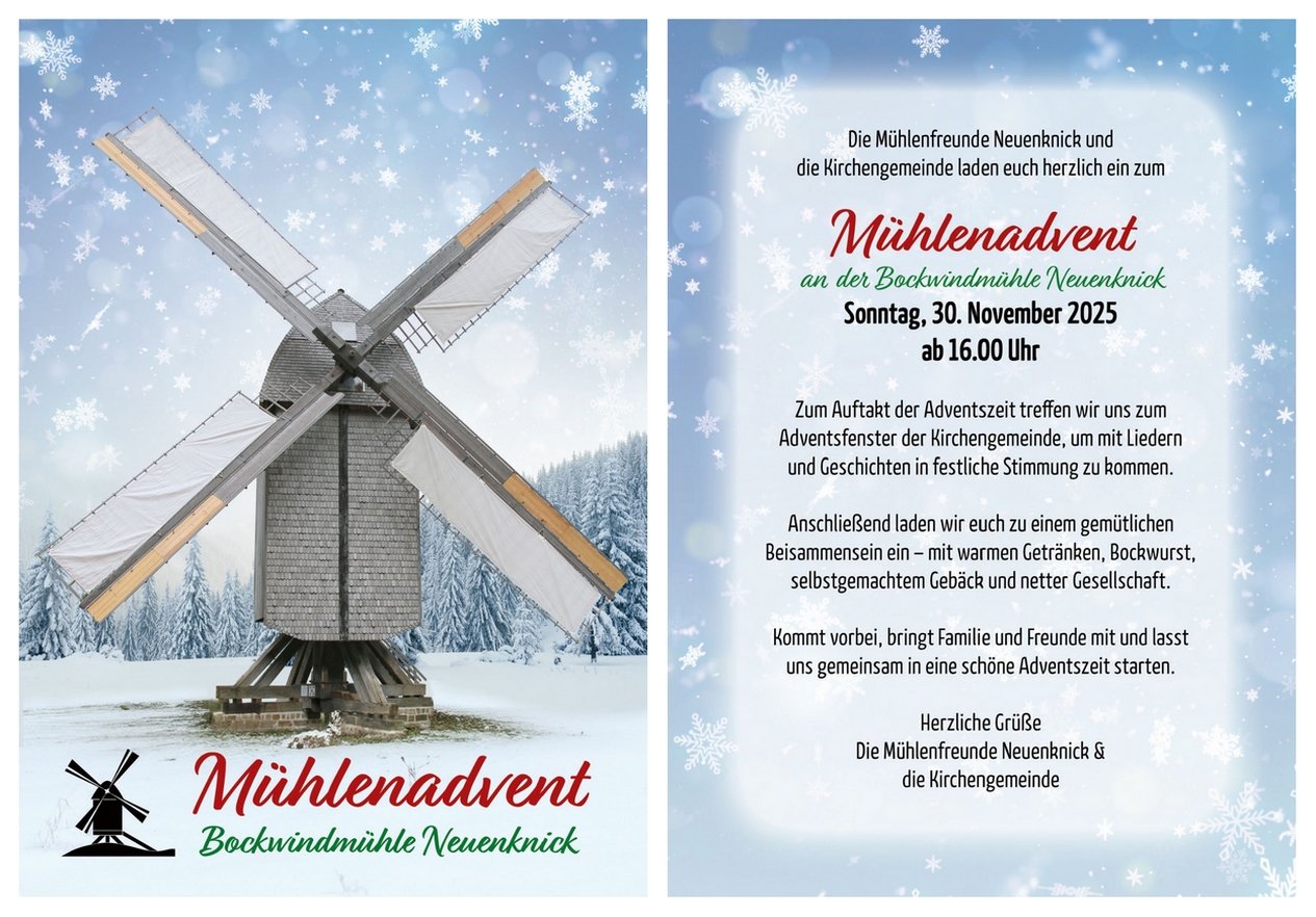 Einlasung zum 2. Mühlenadvent an der Bockwindmühle